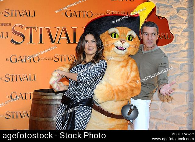 The actors Antonio Banderas (José Antonio Domínguez Bandera) and Salma Hayek participate in the photocall of the animated film The Puss in Boots at the Hassler...