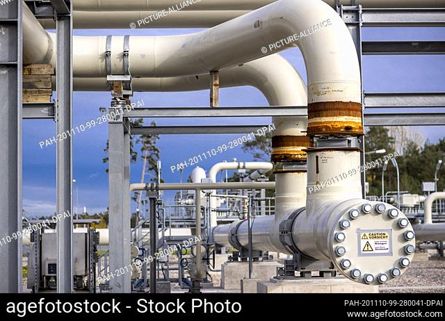 05 November 2020, Mecklenburg-Western Pomerania, Lubmin: Piping systems and shut-off valves are installed at the gas receiving station of the Nord Stream Baltic...