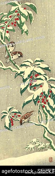 Sparrows on a Snowy Berry Bush, by Japanese artist Ohara Koson, 1877 - 1945. Ohara Koson was part of the shin-hanga, or new prints movement
