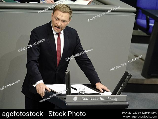 29 October 2020, Berli, Berlin: Christian Lindner, parliamentary group leader and party leader of the FDP, speaks after the government statement by Chancellor...