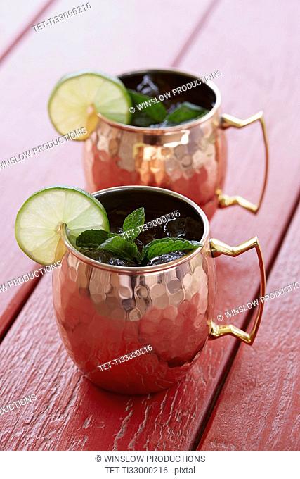 Moscow mule cocktails in silver mug