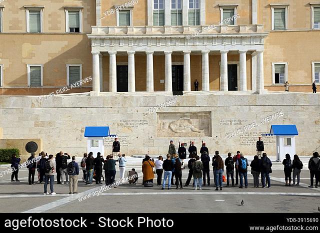 The changing of the guard in Athens Greece at the Tomb of the Unknown Soldier in Syntagma Square