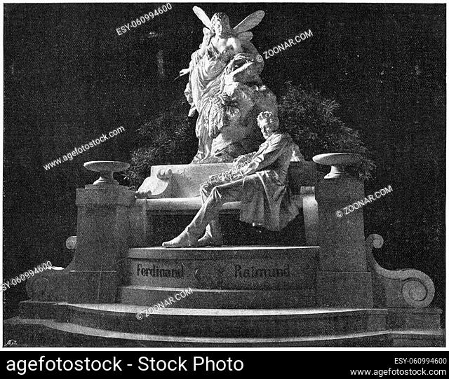 Ferdinand Raimund monument, Vienna. Ferdinand Raimund - an Austrian actor and dramatist. Illustration of the 19th century. White background