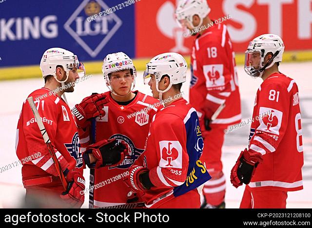 L-R Defeated players of Rapperswil, Nicklas Jensen, Mats Alge, Tyler Moy, Jeremy Wick and Inaki Baragano after the Champions Hockey League, Round 2