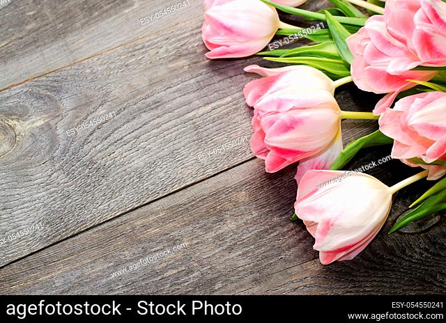 Bouquet of pink tulips on the background of old wooden boards with a place for the inscription, toned