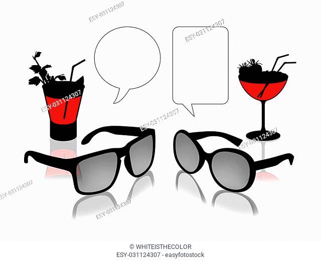 man's and woman's sun glasses in front of each other with vacant text bubbles above them and red cocktails behind