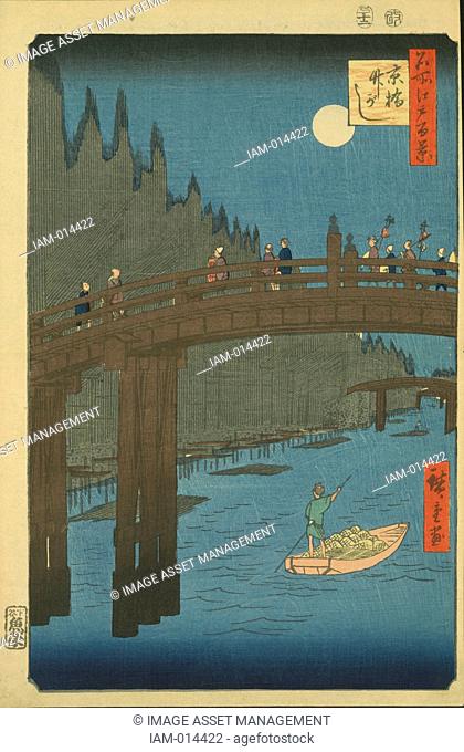 Bamboo Yards, Kyobashi Bridge', 1857. From 'One Hundred Famous Views of Edo' Tokyo. Utagawa Hiroshige 1797-1858 Japanese Ukiyo-e artist