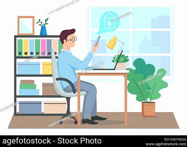 Guy controlling smart home security at work flat color vector faceless character. Man using remote security system. House protection isolated cartoon...
