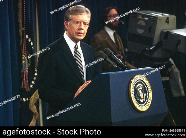 United States President Jimmy Carter speaks at a press conference at the White House in Washington, DC on February 13, 1980. Credit: Arnie Sachs / CNP