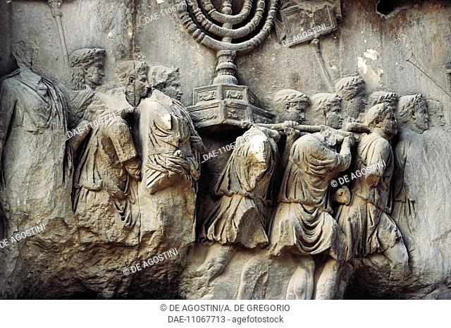 Trophies from Jerusalem, relief from the Arch of Titus, Imperial Forums, Rome, Italy. Roman civilisation, 1st century AD