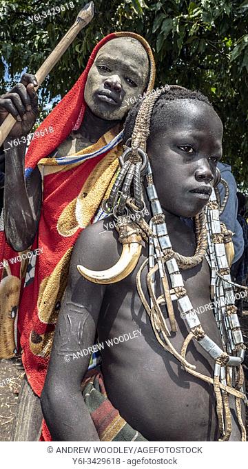 Young men Mursi tribe Mago National Park Ethiopia