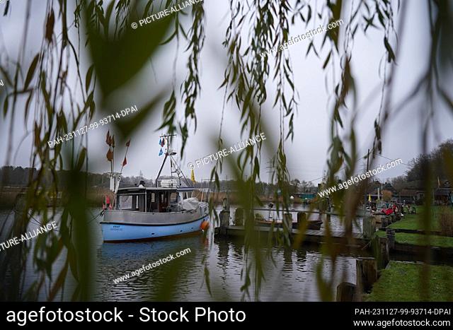 27 November 2023, Schleswig-Holstein, Lübeck: A small fishing boat is moored in the harbor of the fishing village of Gothmund on the River Trave