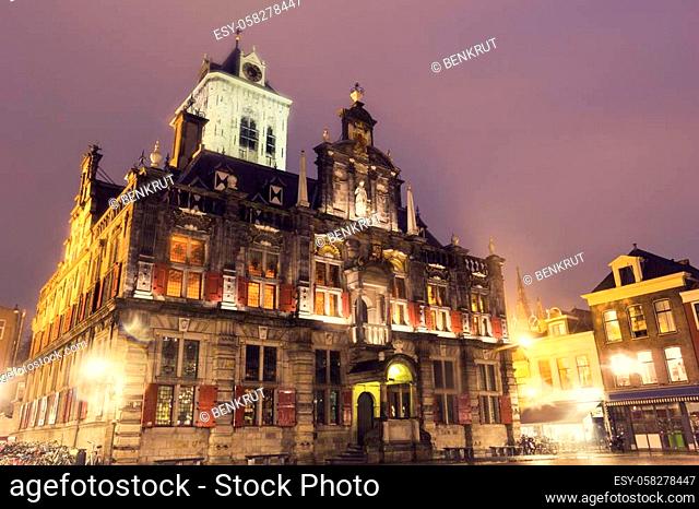Delft City Hall at night. Delft, South Holland, Netherlands