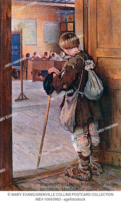 Heart-rending painting entitled 'The Door of the School' by Nikolai Petrovich Bogdanov-Bielski, depicting a young peasant boy looking in at an education he will...