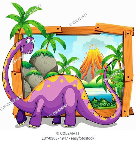 Wooden frame with purple dinosaure in jungle illustration