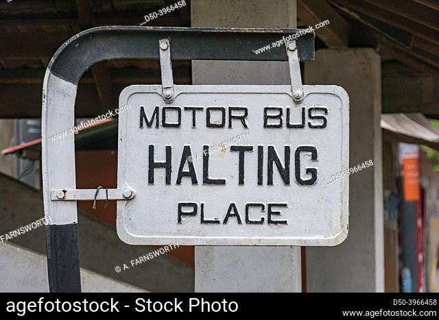 Koslanda, Sri Lanka A bus stop sign says: ""Mo'tor bus halting place. ""