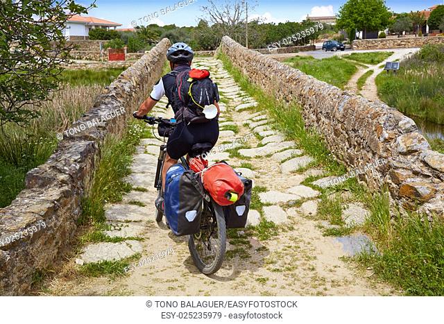 Via de la Plata way biker to Santiago in Spain at Extremadura