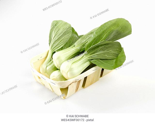 Bok choy, Chinese celery cabbage in wooden box., elevated view