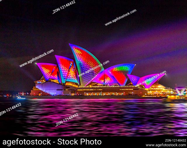 Sydney, Australia - May 25, 2018; Sydney Opera House lit with vibrant colours and patterns during the Annual Vivid Sydney celebrations