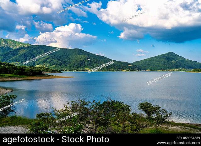 Lake of Campotosto in Abruzzo, Italy. A huge artificial lake at 1400 meters above sea level, in the heart of the Appennini mountains, province of L'Aquila