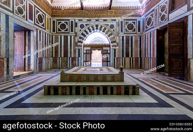 Front view of Mausoleum of Sultan Al Zahir Barquq at the Barquq complex located at al Muiz Street, Islamic Cairo, Egypt