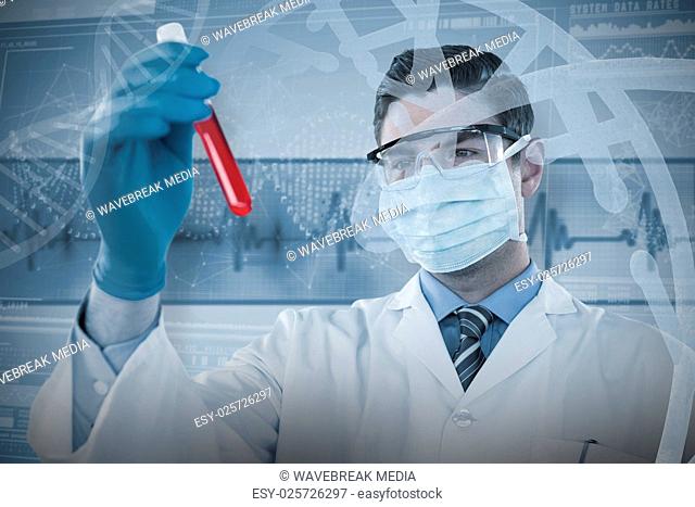 Composite image of doctor wearing protective glasses and surgical mask holding a test tube