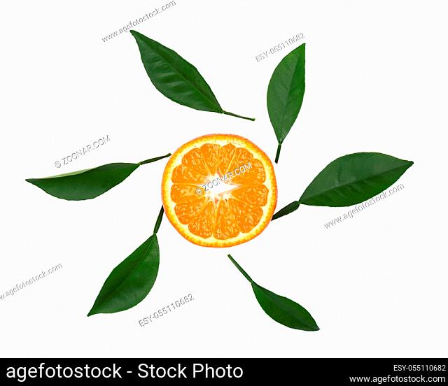 Fresh whole tangerine and slices isolated on white background