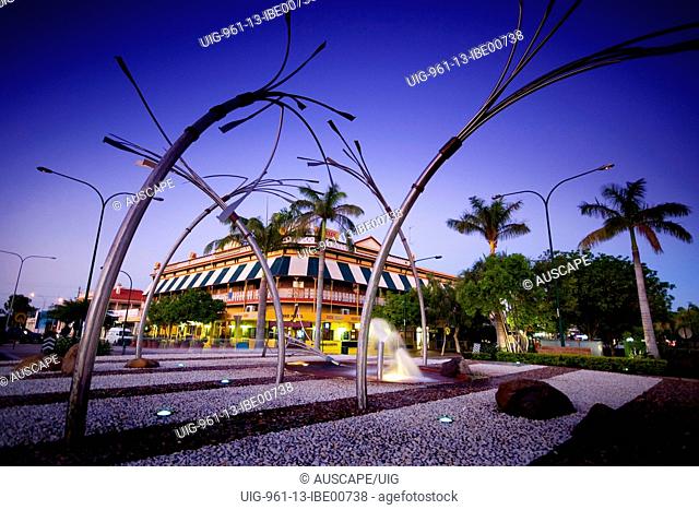 Grand Hotel and memorial fountain depicting sugar cane and the cane industry, Bundaberg, Queensland, Australia