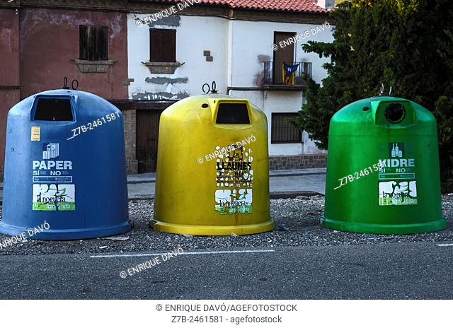 A color receptacles in a street of Sentiu of Sio, Lerida province, Catalonia, Spain