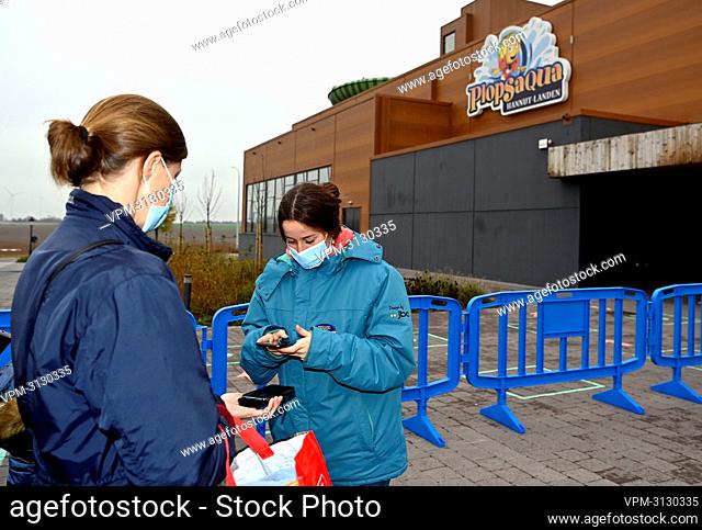 Illustration picture shows the 'Covid Safe Ticket' being scanned at the entrance of the Plopsaqua water park in Hannut on Wednesday 03 November 2021