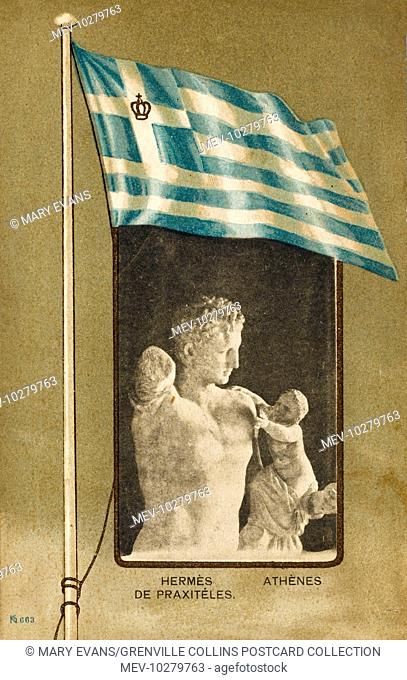 Sculpture by Praxiteles of Hermes with the Infant Dionysus, (discovered at Olympia in 1877) set in a border of the modern Greek flag