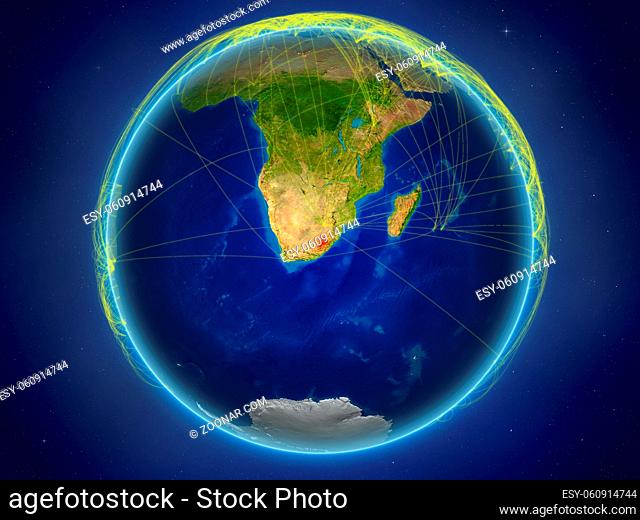 Lesotho from space on planet Earth with digital network representing international communication, technology and travel. 3D illustration