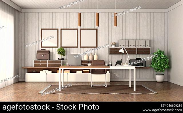 Modern office interior with desk , sideboard and wooden wall on background - 3d rendering