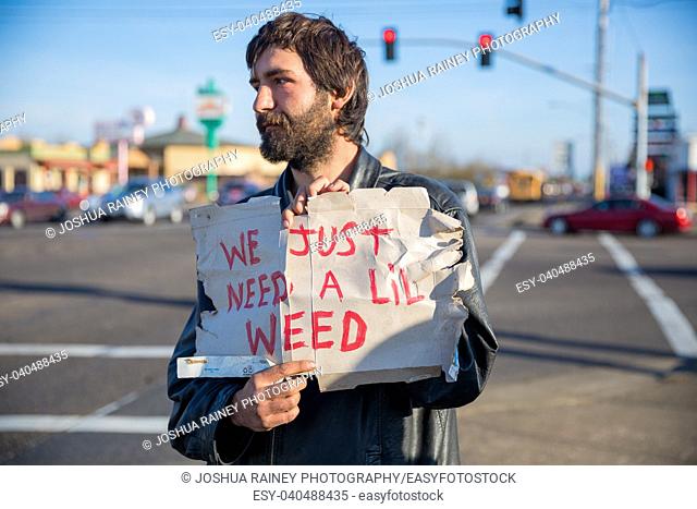 ALBANY, OR - DECEMBER 13, 2017: Transient male holds a cardboard sign that says we just need a lil weed on a corner in Albany Oregon where marijuana is legal...