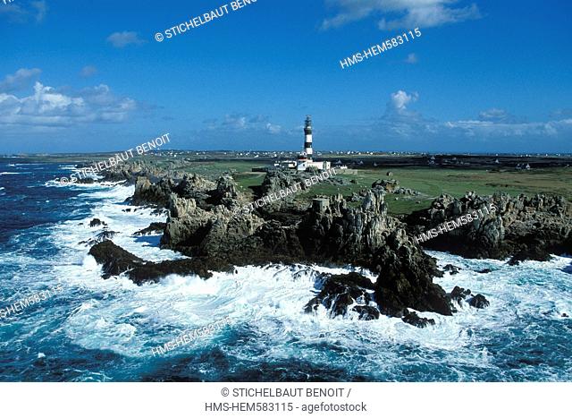 France, Finistere, Ile d'Ouessant, Creach lighthouse, the most powerful lighthouse in Europe, classified as historical monuments aerial view