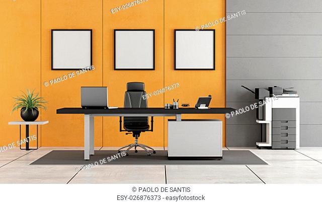 Gray and orange modern office with concrete wall , desk and photocopier- 3d rendering