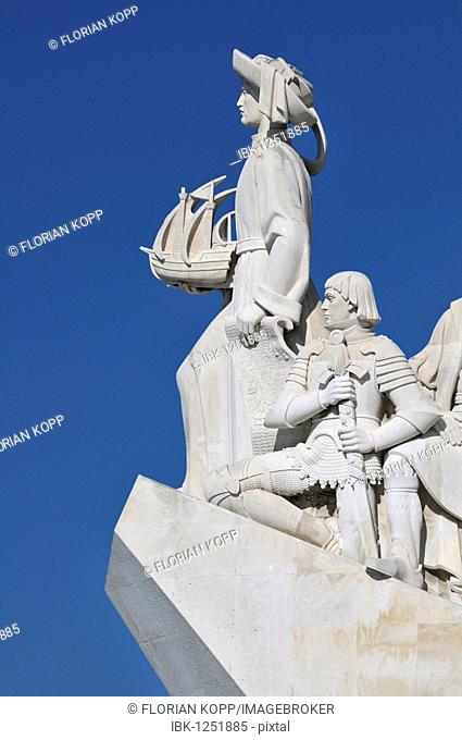 Monument to the Discoveries, Padrao dos Descobrimentos, with great people of the Portuguese seafaring history, on the estuary of the Tagus river, Belem, Lisbon