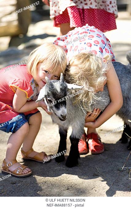 Girl embracing goat at zoo
