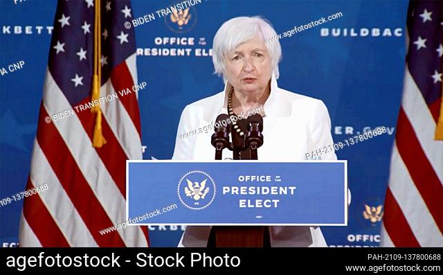 United States Secretary of the Treasury-designate Janet Yellen makes remarks after being introduced by US President-elect Joseph R