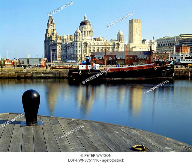 England, Merseyside, Liverpool. View towards the Port of Liverpool Building, the Cunard Building and the Royal Liver Building, Liverpool's Three Graces