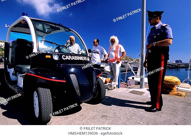 Italy, Sicily, Aeolian Islands, island of Stromboli, electric police car on the harbour of Scari