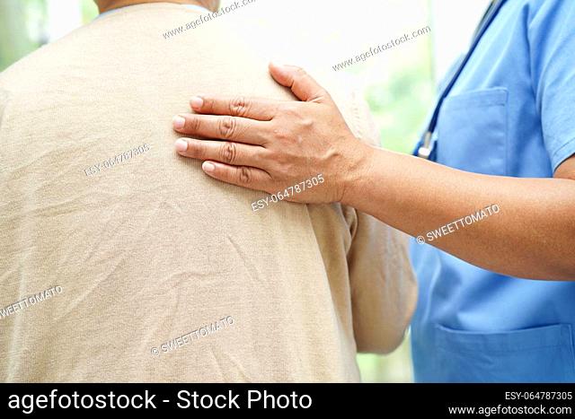 Doctor help and care elderly woman patient in hospital, healthy medical concept
