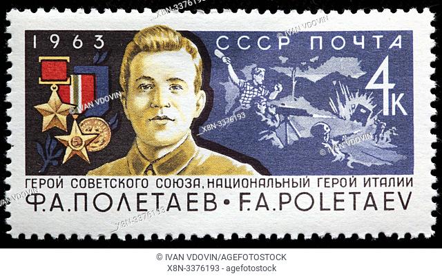Fyodor Poletaev (1909-1945), Russian soldier, Hero of USSR, Hero of Italy, postage stamp, Russia, USSR, 1963