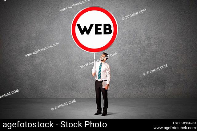 Young business person holdig traffic sign with WEB abbreviation, technology solution concept