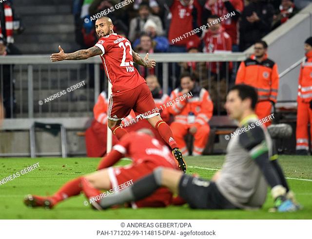 Arturo Vidal of Munich celebrates after the goal for 1:0 during the German Bunbdesliga football match between Bayern Munich and Hanover 96 at the Allianz Arena...