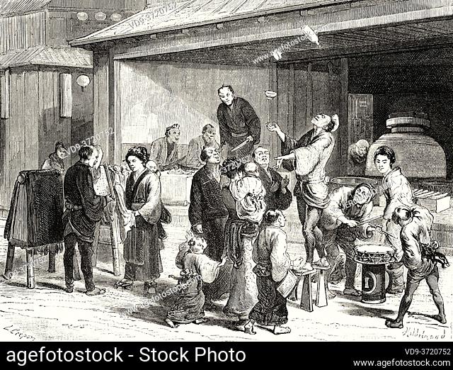 Street performers at the fish market, Japan. Old 19th century engraved illustration Travel to Japan by Aime Humbert from El Mundo en La Mano 1879