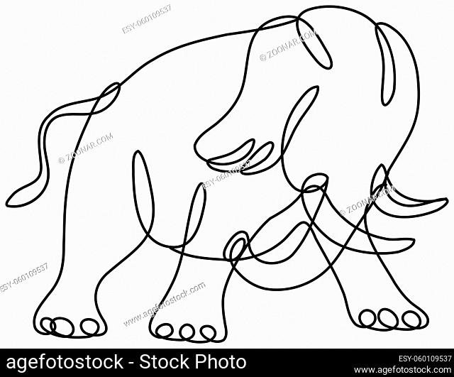 Continuous line drawing illustration of an African elephant charging side view done in mono line or doodle style in black and white on isolated background