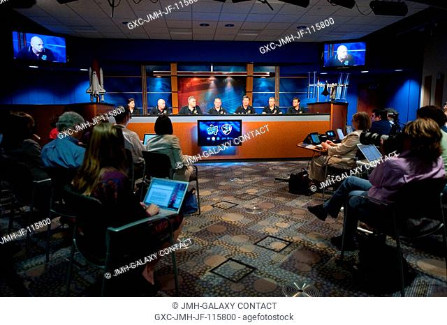 The STS-134 crew members along with Public Affairs Office moderator Nicole Cloutier (left) are pictured during a preflight press conference at NASA's Johnson...