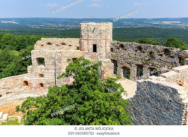 RUDNO, POLAND - JULY 21, 2018: Ruins of 15th century medieval castle, Tenczyn Castle, Polish Jura, near from Krakow