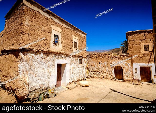 Occupied house at a Glaoui Kasbah left to ruin in Taliwine territory Morocco